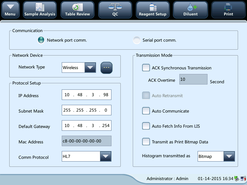 Communication Setup screen — configure the network mode, IP address, and protocol